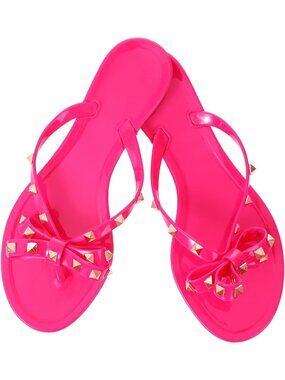 🆕Women's Fushia Rivet Flip Flops Studded Thong Sandals with Bow Flat Beach